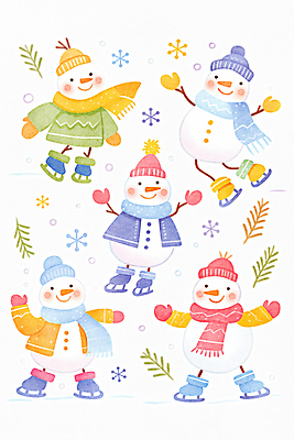 JPG 모자 장갑 겨울 일러스트 눈사람 나뭇잎 웃음 사람없음 목도리 스케이트 흰색 니트 국내일러스트 AI일러스트 AI콘텐츠 잡화 계절 스포츠용품 컬러 상의 잎 표정 파일형식
