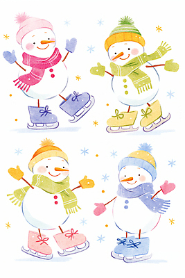 JPG 모자 장갑 겨울 일러스트 눈사람 나뭇잎 웃음 사람없음 목도리 스케이트 흰색 국내일러스트 AI일러스트 AI콘텐츠 잡화 계절 스포츠용품 컬러 잎 표정 파일형식