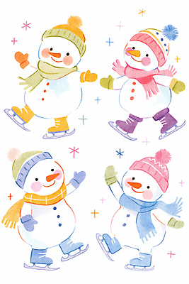 JPG 모자 장갑 겨울 일러스트 눈사람 나뭇잎 웃음 사람없음 목도리 스케이트 흰색 국내일러스트 AI일러스트 AI콘텐츠 잡화 계절 스포츠용품 컬러 잎 표정 파일형식