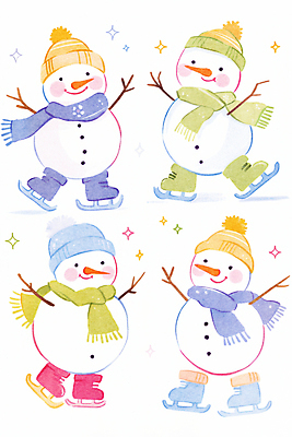JPG 모자 장갑 겨울 일러스트 눈사람 나뭇잎 웃음 사람없음 목도리 스케이트 흰색 국내일러스트 AI일러스트 AI콘텐츠 잡화 계절 스포츠용품 컬러 잎 표정 파일형식