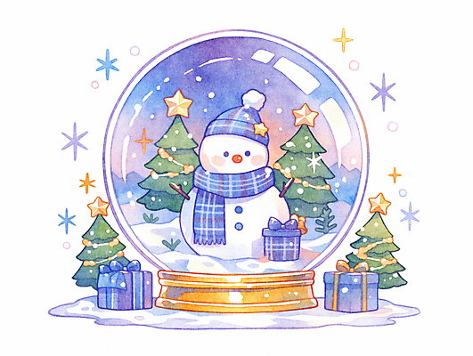 자연요소 계절 기념일 컬러 크리스마스 모션 날씨 선물 장식 상자 파일형식 AI콘텐츠 반짝임 선물상자 눈사람 스노글로브 겨울 수채화 눈 별 파란색 JPG 국내일러스트 일러스트 사람없음 크리스마스트리 AI일러스트