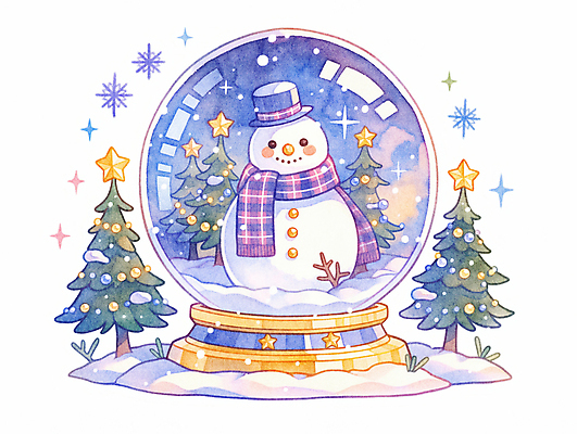 자연요소 계절 기념일 컬러 크리스마스 날씨 장식 파일형식 AI콘텐츠 눈사람 스노글로브 겨울 수채화 선물 눈 별 파란색 JPG 국내일러스트 일러스트 사람없음 크리스마스트리 AI일러스트