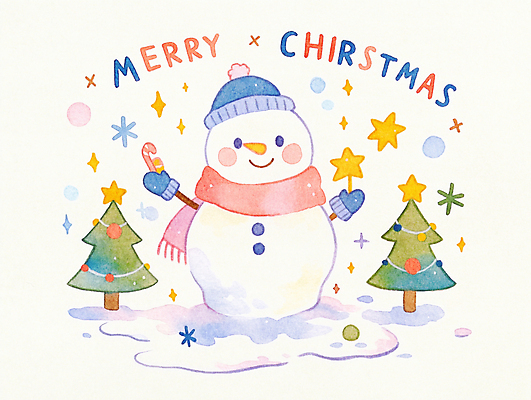 JPG 별 크리스마스 겨울 일러스트 눈사람 수채화 선물 들기 사람없음 장식 파란색 크리스마스트리 눈 국내일러스트 AI일러스트 AI콘텐츠 자연요소 계절 기념일 컬러 모션 날씨 파일형식