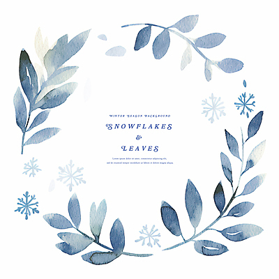 PSD 잎 겨울 일러스트 나뭇잎 수채화 눈꽃 사람없음 파란색 눈 카피스페이스 국내일러스트 자연요소 식물 계절 컬러 날씨 눈_날씨 공백 파일형식