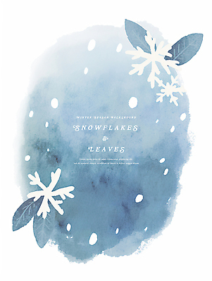 PSD 잎 겨울 일러스트 나뭇잎 수채화 눈꽃 사람없음 파란색 눈 카피스페이스 국내일러스트 자연요소 식물 계절 컬러 날씨 눈_날씨 공백 파일형식