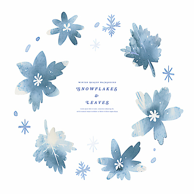 PSD 꽃 잎 겨울 일러스트 나뭇잎 수채화 눈꽃 사람없음 파란색 눈 카피스페이스 국내일러스트 자연요소 식물 계절 컬러 날씨 눈_날씨 공백 파일형식