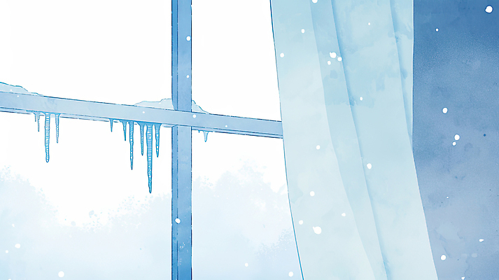 JPG 겨울 일러스트 창문 사람없음 파란색 얼음 눈 커튼 차가움 창틀 고드름 국내일러스트 AI일러스트 AI콘텐츠 자연요소 계절 컬러 날씨 파일형식