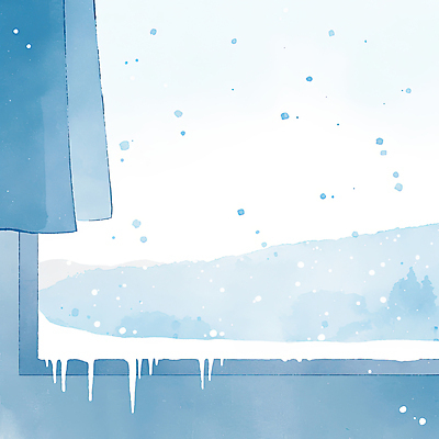 JPG 겨울 일러스트 창문 풍경 사람없음 파란색 얼음 눈 커튼 차가움 고드름 눈내림 국내일러스트 AI일러스트 AI콘텐츠 자연요소 계절 컬러 날씨 눈_날씨 파일형식