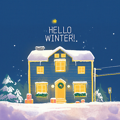 PSD 나무 별 겨울 가로등 일러스트 창문 밤하늘 주택 따뜻함 굴뚝 사람없음 파란색 빛 고요 눈 눈송이 야간 눈길 국내일러스트 자연요소 식물 계절 공공시설 길 컬러 하늘 날씨 눈_날씨 건물 파일형식