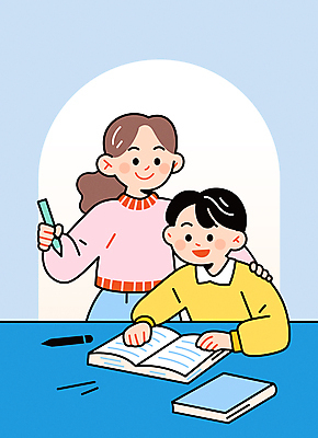 학생 여자 교육 남자 초등학생 어린이 일러스트 들기 앉기 소녀 소년 상반신 성인 두명 책 파란색 학습 연필 교사 가르침 읽기 겨울방학 과외 특강 어린이만 어깨에손 국내일러스트 AI파일 직업 컬러 겨울 모션 수업 방학 학용품 사람 필기구 강의 파일형식 벡터