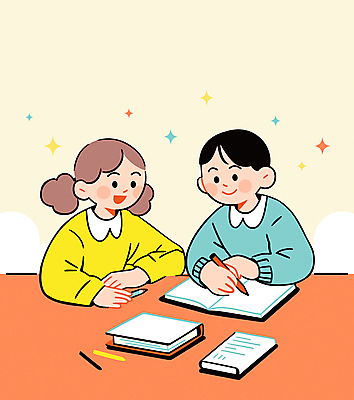 학생 여자 남자 초등학생 어린이 일러스트 들기 앉기 소녀 소년 상반신 두명 책 친구 반짝임 학습 펜 주황색 기록 겨울방학 특강 어린이만 국내일러스트 AI파일 교육 컬러 겨울 관계 모션 방학 사람 필기구 강의 파일형식 벡터