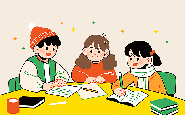 학생 여자 남자 초등학생 어린이 일러스트 털모자 들기 앉기 소녀 소년 상반신 책 컵 세명 친구 반짝임 학습 연필 노란색 목도리 기록 겨울방학 특강 어린이만 국내일러스트 AI파일 모자_잡화 식기 잡화 교육 컬러 겨울 관계 모션 방학 학용품 사람 필기구 강의 파일형식 벡터