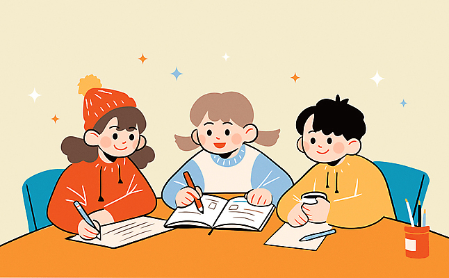 학생 여자 남자 초등학생 어린이 의자 일러스트 털모자 앉기 소녀 소년 상반신 책 컵 세명 친구 반짝임 학습 연필 주황색 기록 겨울방학 특강 어린이만 국내일러스트 AI파일 모자_잡화 식기 교육 컬러 가구 겨울 관계 모션 방학 학용품 사람 필기구 강의 파일형식 벡터