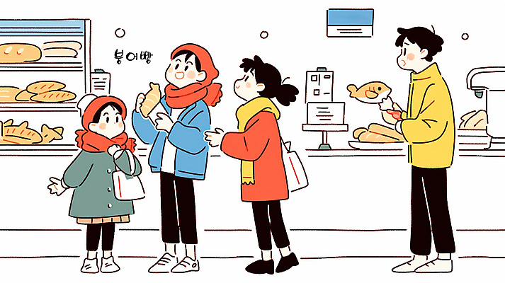 JPG 전신 여자 남자 어린이 가방 일러스트 털모자 들기 소녀 여러명 성인 상점 목도리 기다림 겨울간식 붕어빵 줄서기 국내일러스트 AI일러스트 AI콘텐츠 모자_잡화 잡화 빵 다수 모션 디저트 사람 파일형식