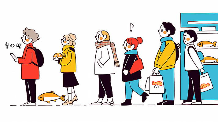 JPG 전신 여자 남자 가방 일러스트 들기 여러명 성인 쇼핑백 상점 목도리 구매 뒷짐 주머니손 겨울간식 붕어빵 줄서기 성인만 국내일러스트 AI일러스트 AI콘텐츠 잡화 빵 다수 모션 디저트 사람 쇼핑 파일형식