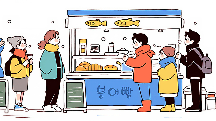 JPG 전신 여자 남자 가방 일러스트 털모자 들기 여러명 성인 상점 목도리 기다림 주머니손 겨울간식 메뉴판 붕어빵 줄서기 성인만 국내일러스트 AI일러스트 AI콘텐츠 모자_잡화 잡화 빵 다수 모션 디저트 사람 파일형식