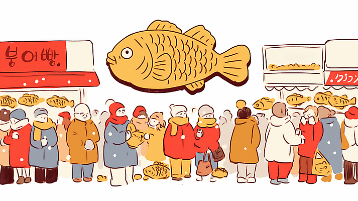 JPG 전신 여자 남자 일러스트 털모자 여러명 성인 상점 목도리 알림 겨울간식 붕어빵 줄서기 성인만 국내일러스트 AI일러스트 AI콘텐츠 모자_잡화 잡화 빵 다수 모션 디저트 사람 파일형식