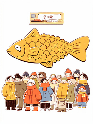 JPG 전신 여자 남자 어린이 가방 일러스트 털모자 소녀 소년 여러명 성인 목도리 겨울간식 붕어빵 줄서기 국내일러스트 AI일러스트 AI콘텐츠 모자_잡화 잡화 빵 다수 모션 디저트 사람 파일형식