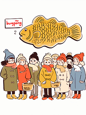 JPG 전신 여자 남자 일러스트 털모자 들기 여러명 성인 바구니 목도리 기다림 주머니손 겨울간식 붕어빵 줄서기 성인만 국내일러스트 AI일러스트 AI콘텐츠 모자_잡화 잡화 빵 다수 모션 디저트 사람 파일형식