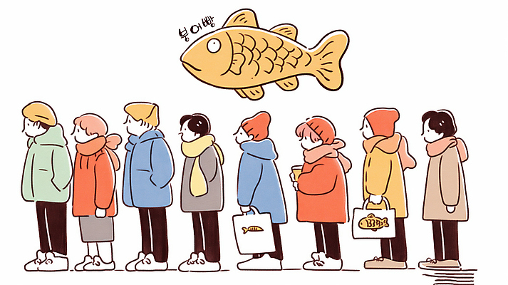 JPG 전신 여자 남자 가방 일러스트 털모자 들기 여러명 성인 쇼핑백 목도리 주머니손 겨울간식 붕어빵 줄서기 성인만 국내일러스트 AI일러스트 AI콘텐츠 모자_잡화 잡화 빵 다수 모션 디저트 사람 파일형식