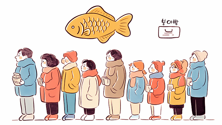 JPG 전신 여자 남자 일러스트 털모자 들기 여러명 성인 목도리 구매 주머니손 겨울간식 붕어빵 줄서기 성인만 국내일러스트 AI일러스트 AI콘텐츠 모자_잡화 잡화 빵 다수 모션 디저트 사람 쇼핑 파일형식