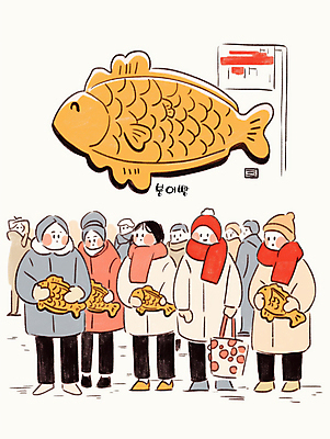 JPG 전신 여자 남자 가방 일러스트 털모자 들기 여러명 성인 목도리 겨울간식 붕어빵 줄서기 성인만 국내일러스트 AI일러스트 AI콘텐츠 모자_잡화 잡화 빵 다수 모션 디저트 사람 파일형식