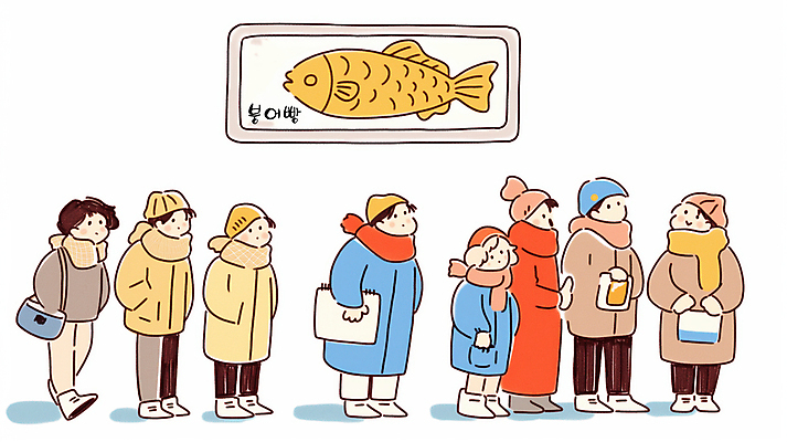 JPG 전신 여자 남자 가방 일러스트 털모자 들기 여러명 성인 목도리 기다림 주머니손 겨울간식 붕어빵 줄서기 성인만 국내일러스트 AI일러스트 AI콘텐츠 모자_잡화 잡화 빵 다수 모션 디저트 사람 파일형식