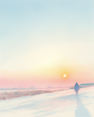 JPG 전신 실루엣 일러스트 색연필 새해 그림자 한명 서기 성인 태양 일출 설원 새벽 손그림 감성 그라데이션 성인한명만 겨울풍경 국내일러스트 AI일러스트 AI콘텐츠 자연요소 1 컨셉 겨울 모션 학용품 눈_날씨 촬영기법 사람 풍경 노을 성인만 파일형식