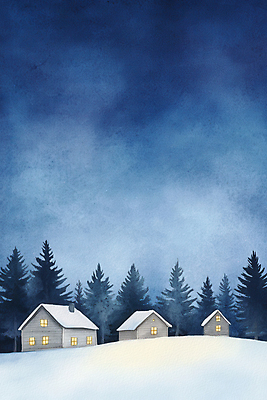 JPG 나무 일러스트 수채화 주택 사람없음 마을 야간 숲속 겨울풍경 눈덮임 국내일러스트 AI일러스트 AI콘텐츠 자연요소 식물 컨셉 겨울 풍경 건물 숲 파일형식