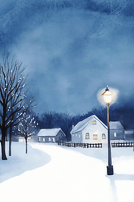 JPG 나무 가로등 일러스트 수채화 주택 사람없음 빛 울타리 마을 야간 숲속 눈길 겨울풍경 눈덮임 국내일러스트 AI일러스트 AI콘텐츠 자연요소 식물 공공시설 길 컨셉 겨울 눈_날씨 풍경 건물 담장 숲 파일형식