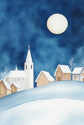 JPG 나무 일러스트 수채화 주택 사람없음 교회 마을 보름달 야간 숲속 겨울풍경 눈덮임 국내일러스트 AI일러스트 AI콘텐츠 자연요소 식물 컨셉 겨울 종교건축 풍경 건물 달 숲 파일형식