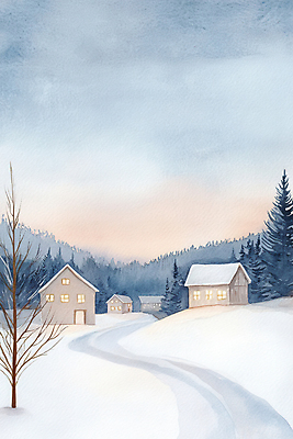 JPG 나무 일러스트 하늘 수채화 주택 사람없음 마을 노을 야간 숲속 눈길 겨울풍경 눈덮임 국내일러스트 AI일러스트 AI콘텐츠 자연요소 식물 길 컨셉 겨울 눈_날씨 풍경 건물 숲 파일형식