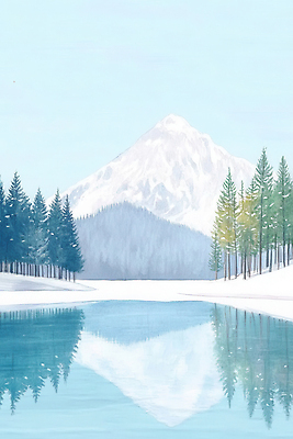 JPG 나무 호수 겨울 일러스트 자연 하늘 풍경 사람없음 반사 설원 숲 설산 국내일러스트 AI일러스트 AI콘텐츠 식물 계절 산 눈_날씨 생태계 파일형식