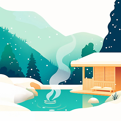 JPG 겨울 일러스트 자연 산 주택 풍경 사람없음 바위 수증기 쌓인눈 온천여행 눈내림 국내일러스트 AI일러스트 AI콘텐츠 계절 여행 눈_날씨 건물 돌_바위 생태계 파일형식