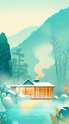 JPG 나무 겨울 일러스트 자연 산 주택 풍경 사람없음 바위 수증기 숲 쌓인눈 온천여행 눈내림 국내일러스트 AI일러스트 AI콘텐츠 식물 계절 여행 눈_날씨 건물 돌_바위 생태계 파일형식