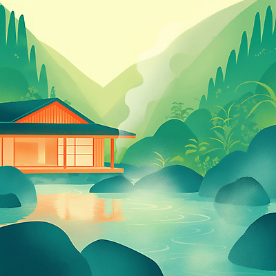 JPG 겨울 일러스트 자연 산 주택 풍경 사람없음 반사 바위 풀 수증기 온천여행 국내일러스트 AI일러스트 AI콘텐츠 식물 계절 여행 건물 돌_바위 생태계 파일형식