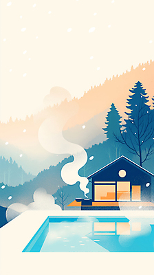 JPG 나무 겨울 일러스트 자연 산 주택 풍경 사람없음 반사 수증기 쌓인눈 온천여행 눈내림 국내일러스트 AI일러스트 AI콘텐츠 식물 계절 여행 눈_날씨 건물 생태계 파일형식