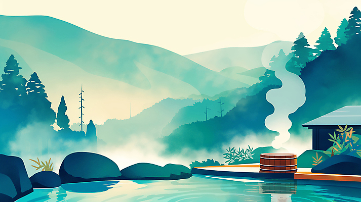 JPG 나무 겨울 일러스트 자연 산 주택 풍경 사람없음 바위 풀 수증기 숲 목욕바구니 온천여행 국내일러스트 AI일러스트 AI콘텐츠 식물 계절 여행 건물 바구니 돌_바위 생태계 파일형식