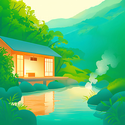 JPG 나무 겨울 일러스트 자연 산 주택 풍경 사람없음 반사 바위 풀 수증기 숲 온천여행 국내일러스트 AI일러스트 AI콘텐츠 식물 계절 여행 건물 돌_바위 생태계 파일형식