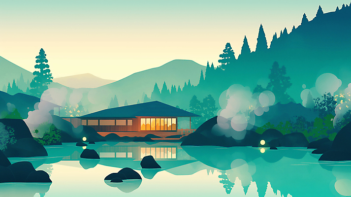 JPG 나무 겨울 일러스트 자연 산 주택 풍경 사람없음 반사 바위 물가 수증기 온천여행 국내일러스트 AI일러스트 AI콘텐츠 식물 계절 여행 건물 돌_바위 생태계 파일형식