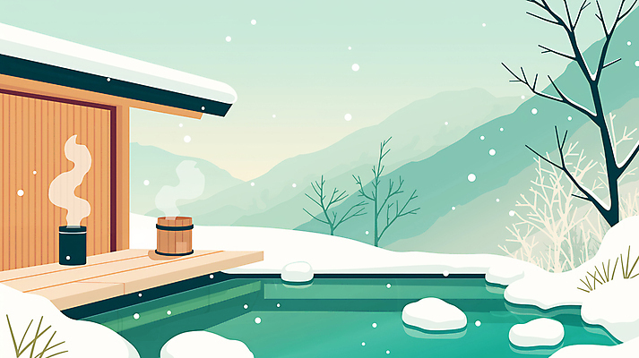 JPG 나무 겨울 일러스트 자연 산 주택 풍경 사람없음 수증기 숲 쌓인눈 온천여행 눈내림 국내일러스트 AI일러스트 AI콘텐츠 식물 계절 여행 눈_날씨 건물 생태계 파일형식