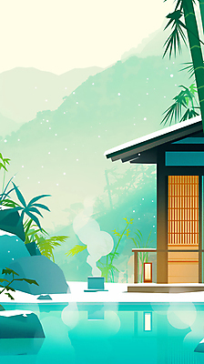 JPG 겨울 일러스트 자연 주택 풍경 사람없음 반사 바위 수증기 대나무 쌓인눈 온천여행 눈내림 국내일러스트 AI일러스트 AI콘텐츠 나무 계절 여행 눈_날씨 건물 돌_바위 생태계 파일형식