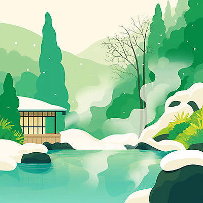 JPG 나무 겨울 일러스트 자연 산 주택 풍경 사람없음 바위 풀 수증기 쌓인눈 온천여행 눈내림 국내일러스트 AI일러스트 AI콘텐츠 식물 계절 여행 눈_날씨 건물 돌_바위 생태계 파일형식