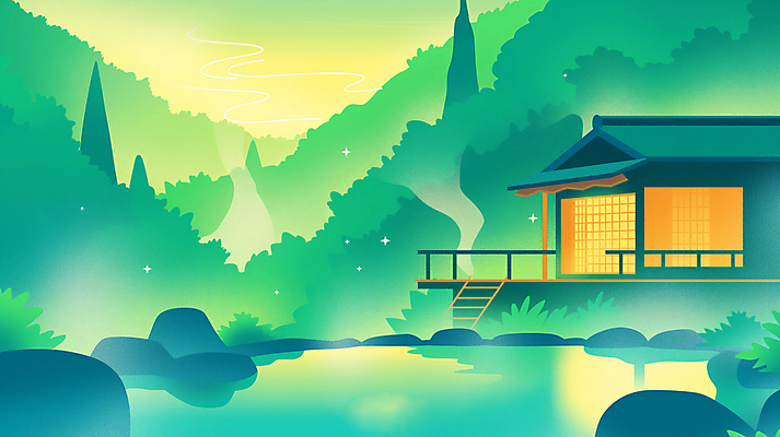 JPG 겨울 일러스트 자연 산 주택 풍경 사람없음 반짝임 노을 바위 수증기 숲 온천여행 국내일러스트 AI일러스트 AI콘텐츠 자연요소 계절 여행 모션 건물 돌_바위 생태계 파일형식