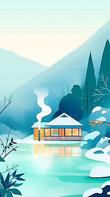 JPG 나무 겨울 일러스트 자연 산 주택 풍경 사람없음 반사 수증기 쌓인눈 온천여행 눈내림 국내일러스트 AI일러스트 AI콘텐츠 식물 계절 여행 눈_날씨 건물 생태계 파일형식