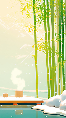 JPG 겨울 일러스트 자연 풍경 사람없음 반사 대나무 목욕바구니 쌓인눈 온천여행 눈내림 국내일러스트 AI일러스트 AI콘텐츠 나무 계절 여행 눈_날씨 바구니 생태계 파일형식