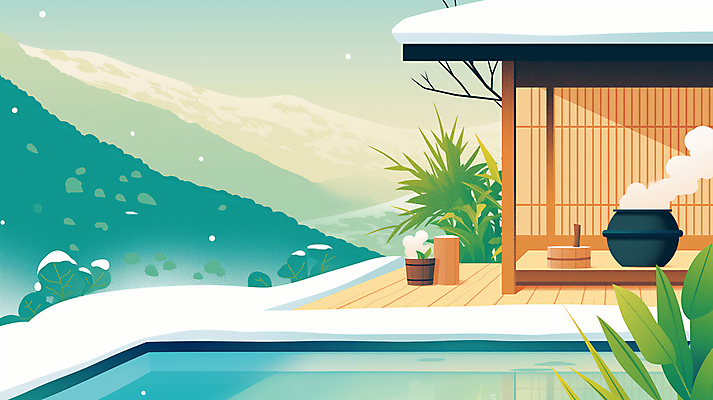JPG 겨울 일러스트 자연 산 주택 풍경 사람없음 풀 솥 목욕바구니 쌓인눈 온천여행 눈내림 국내일러스트 AI일러스트 AI콘텐츠 식물 계절 여행 주방용품 눈_날씨 건물 바구니 생태계 파일형식