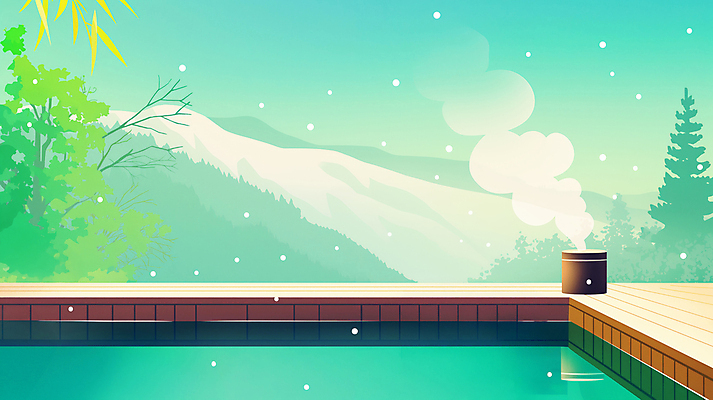 JPG 나무 겨울 일러스트 자연 산 주택 풍경 사람없음 수증기 목욕바구니 쌓인눈 온천여행 눈내림 국내일러스트 AI일러스트 AI콘텐츠 식물 계절 여행 눈_날씨 건물 바구니 생태계 파일형식