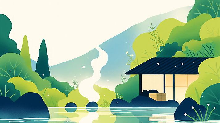 JPG 겨울 일러스트 자연 산 주택 풍경 사람없음 바위 수증기 숲 온천여행 눈내림 국내일러스트 AI일러스트 AI콘텐츠 계절 여행 눈_날씨 건물 돌_바위 생태계 파일형식