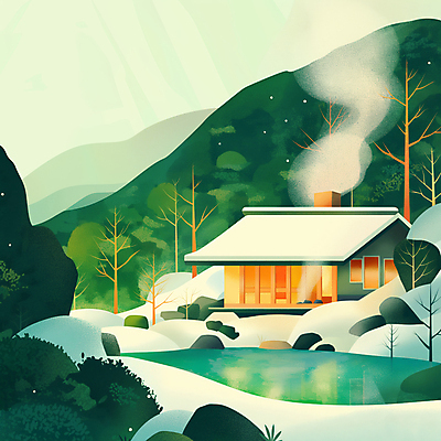 JPG 나무 겨울 일러스트 자연 산 주택 풍경 사람없음 바위 쌓인눈 온천여행 눈내림 국내일러스트 AI일러스트 AI콘텐츠 식물 계절 여행 눈_날씨 건물 돌_바위 생태계 파일형식